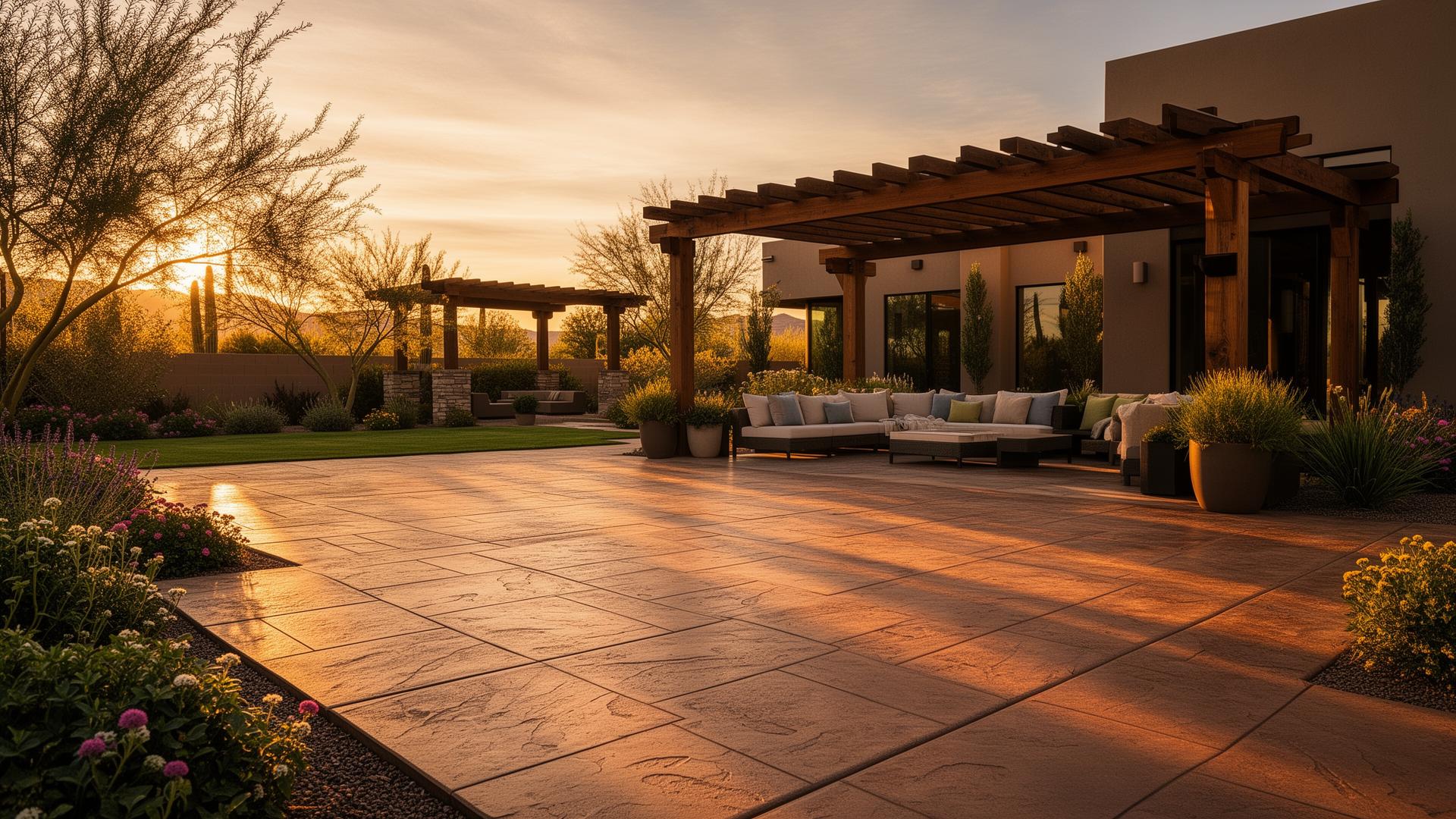 Luxury stamped concrete patio and backyard transformation in El Paso